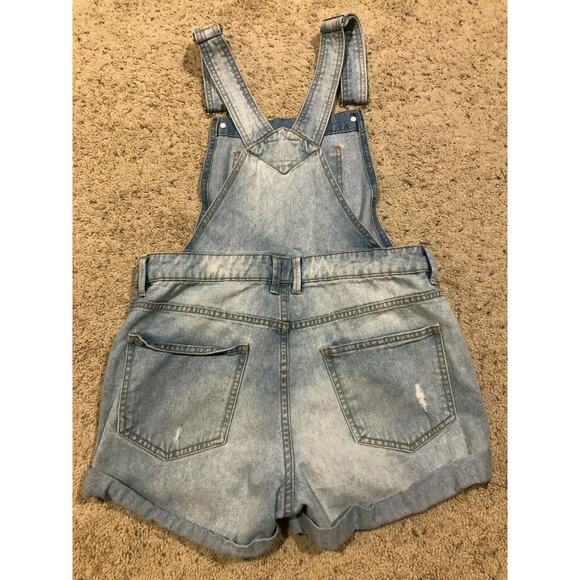 Vtg FOREVER 21 sz 27 SHORTALLS Light Rinse Distressed Denim Overalls Shorts Z21 - Picture 4 of 6